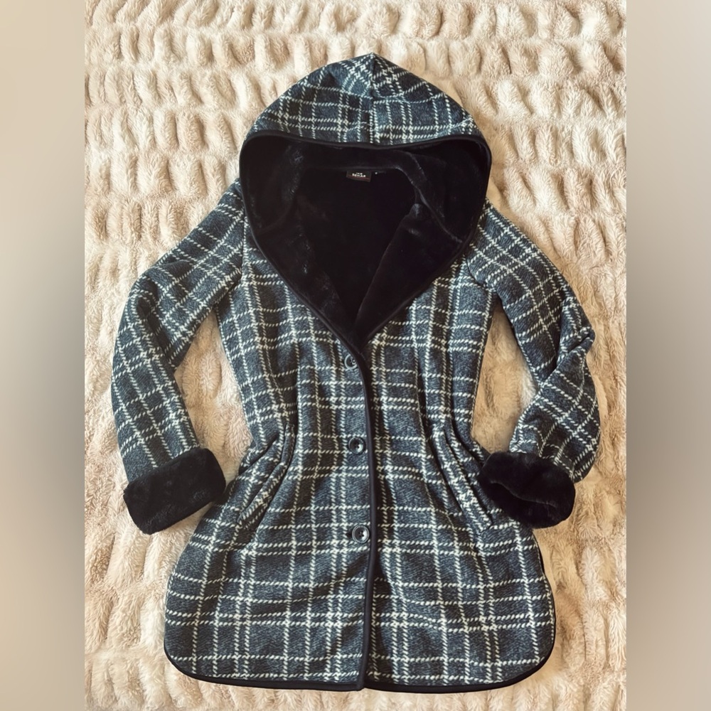 Ike Behar - Black and White Plaid Hooded Trench Coat W/ Faux Fur